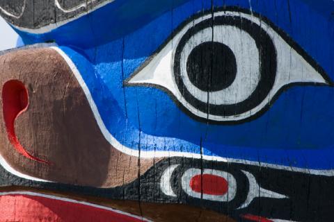 Close up of a totem pole in Victoria, BC